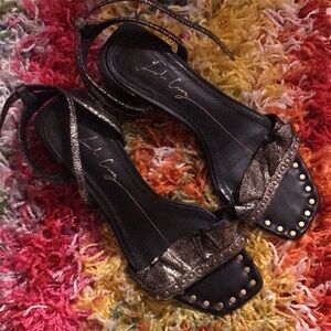 Lola Cruz Gold Ruffled Leather Peep Tow Strap Ankle Block Heels Shoes